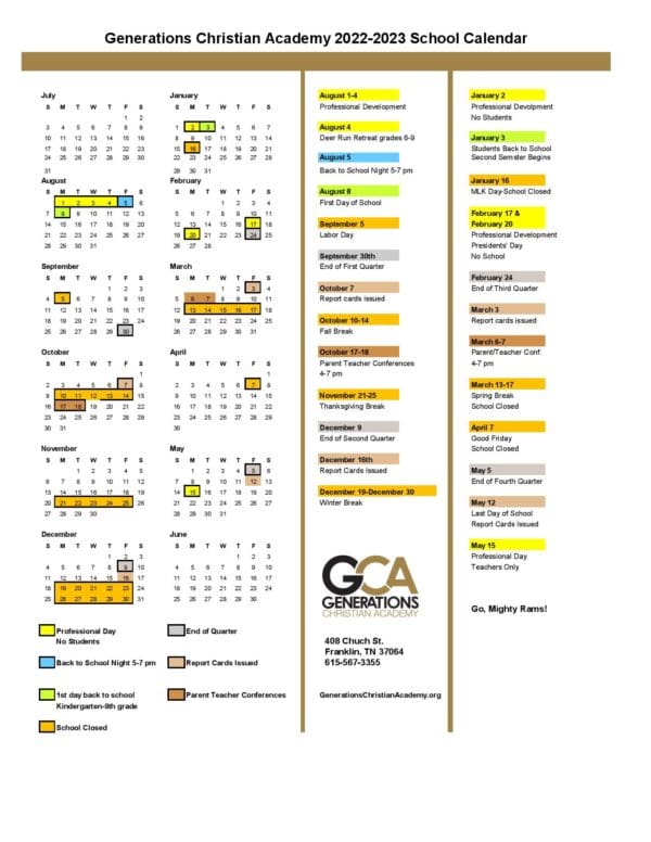 Parents Calendar Generations Christian Academy Giving Opportunities